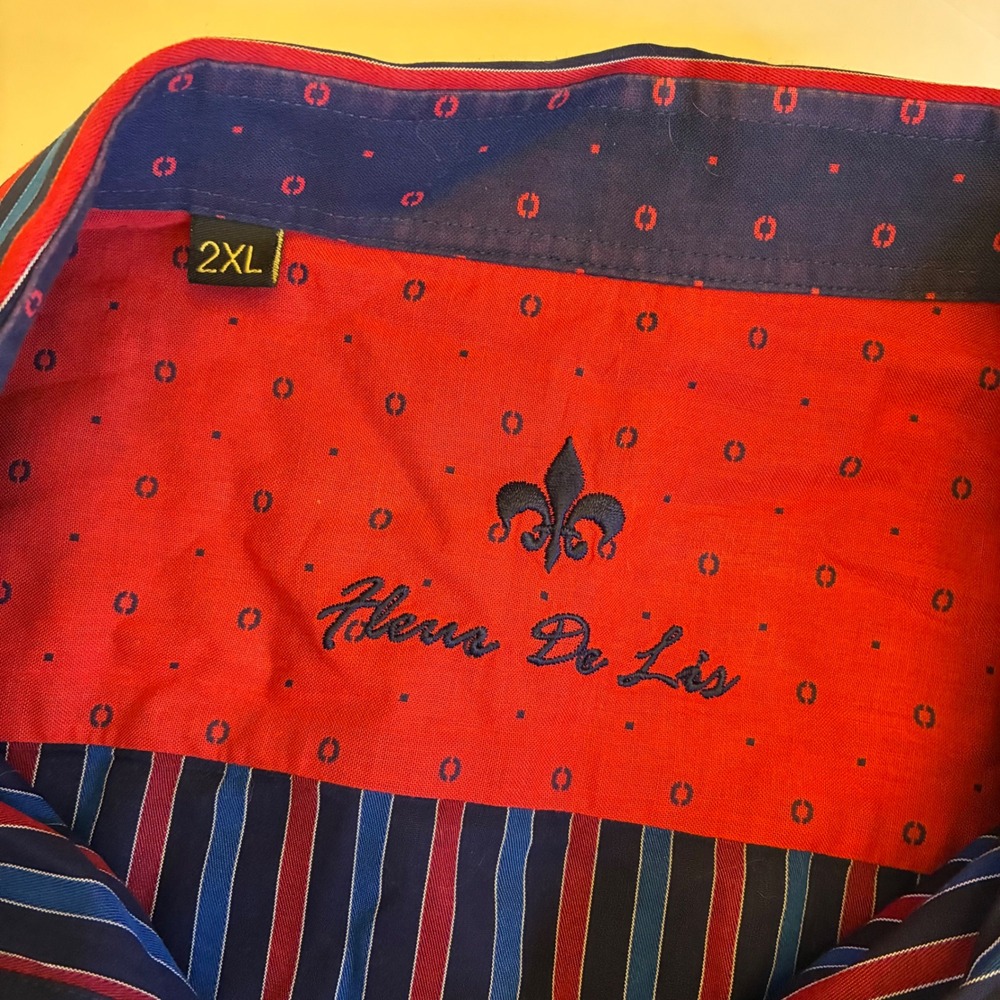 Fleur De Lis Mens 2XL Button Down Shirt Blokecore Club Striped Red Blue LS Party - Picture 7 of 13